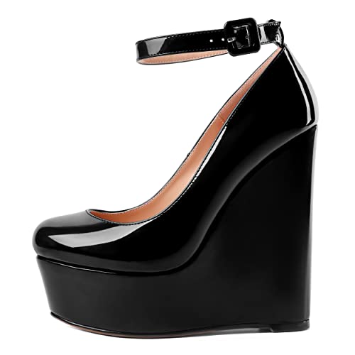 MOVINSTEPS Womens Evening Buckle Round Toe Ankle Strap Dress Platform Patent Wedge High Heel Pumps Shoes 6 Inch2