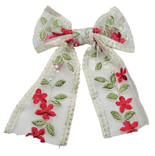 Image of White floral embroidered lace bow hair clip with red flowers and green leaves
