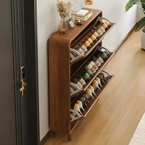 Slish Modern Shoe Cabinet Organizer - 47" L x 7" W x 47" H, Brown & White Entryway Storage with Space-Saving Drop Shelves for Shoes, Perfect Foyer Solution & Stylish Home Decor