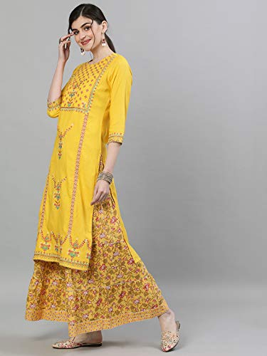 Image of ishin Women's Rayon Yellow Embroidered Straight Kurta set With Skirt and Dupatta