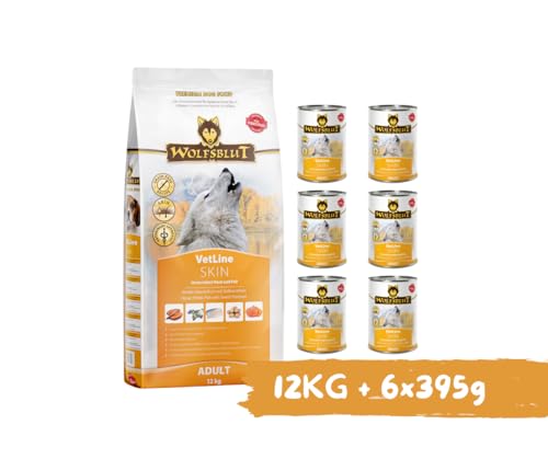 Wolfsblut Vetline Hundefutter - Skin & Coat, 12kg + 6x395g - Sparbundel, Sparpaket - inklusive Warnicks Tierfutterservice Hundesnack Goodie