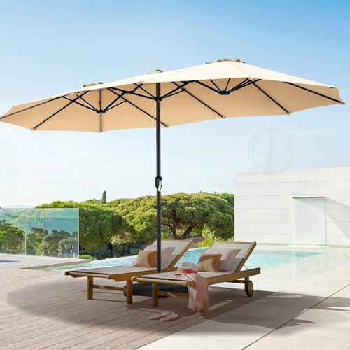 Image of 15ft Large Outdoor Umbrella Double-Sided Patio Umbrella with 65 Kgs Movable Stand, Crank Handle, 12 Ribs Rectangular Garden Umbrella for Patio Graden, Poolside, Terrace, Cafe and Hotels