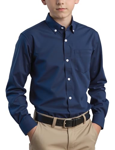 Spring&Gege Boys Long Sleeve Uniform Woven Twill Button Down Shirt for Children Navy Blue Size 13-14 Years