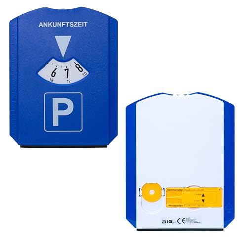 BIGtec Parkscheibe Auto Parkuhr mit Eiskratzer Schreibenkratzer Reifenprofilmesser Einkaufswagenchip Gummilippe Einkaufschip Schneekratzer PKW LKW StVO Konform Auto Zubehör Innenraum Kunststoff