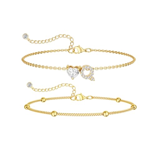 Image of Gold Initial Ankle Bracelets for Women, 14K Gold Plated Dainty Love Heart CZ Trendy Layered Letter A-Z Waterproof Anklets Fashion Jewelry Gift for Women