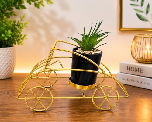 Image of Metal Car Planter with Artificial Plant | Decorative Tabletop Showpiece for Home & Office | Gold & Black Modern Desk Decor