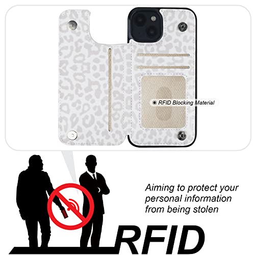 Image of HAOPINSH for iPhone 13 Case Wallet with Card Holder, White Leopard Cheetah Pattern Back Flip Folio PU Leather Kickstand Card Slots Case for Women Girls, Double Magnetic Clasp Shockproof Cover 6.1 inch