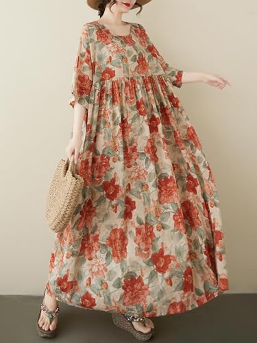 Women Plus Size Casual Dresses Floral Printed O Neck Short Sleeves Summer Oversized Dresses Boho Loose Fitting Wear3