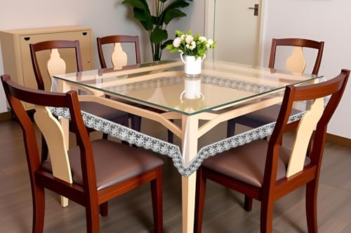 Image of The Furnishing Tree Square Shaped 4 Seater Transparent Table Cover WxL 60x60 inches 0.25 mm Thickness with Silver Lace