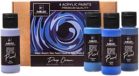 NAKLEO Acrylic Stencil Paints Set - 4 Colors (60ml, 2oz) - Deep Ocean - Blue Navy - Art Supplies DIY - Non-Toxic Water-Based Matte Wall Wood Canvas Paper Fabric Stone