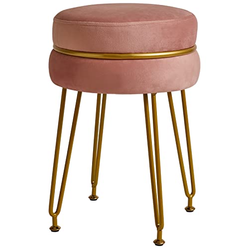 IBUYKE Taburete Circular de Terciopelo Moderno, Silla de tocador de tocador, Taburete de tocador con piernas Doradas, Dormitorio, Sala de Estar, Entrada, Taburete de Estilo Moderno de Oficina, Rosa