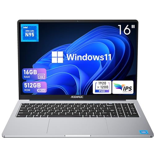 ACEMAGIC Laptop Computer, 16 inch 16GB DDR4 512GB SSD Laptops with Intel 12th Gen Alder Lake N95(Up to 3.4GHz), 1920P FHD Display, Long-Lasting Battery, Support WiFi, BT5.0, USB3.2, Type-C