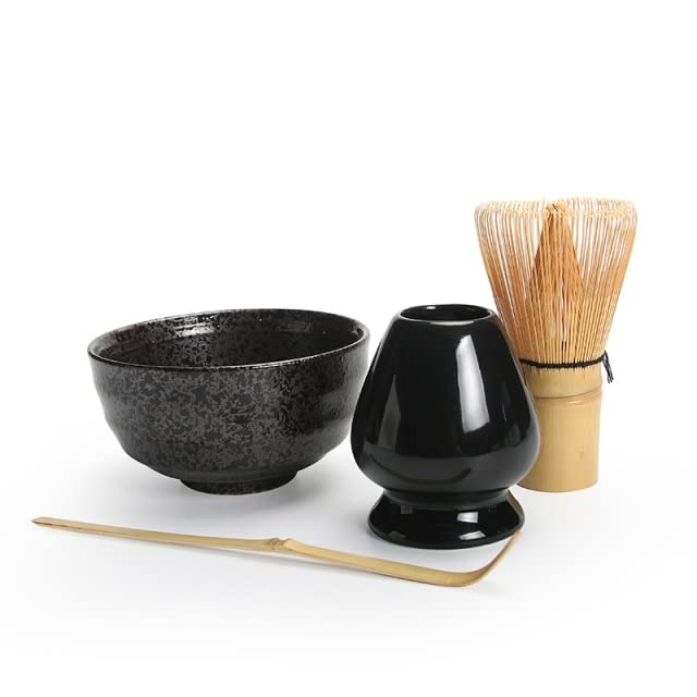 LIUXIN Juego de 4 Unidades de Matcha Tradicional, Juego de Regalo, batidor de Matcha Natural, Cuenco de Matcha cerámico, Soporte para batidor , Juegos de té japoneses