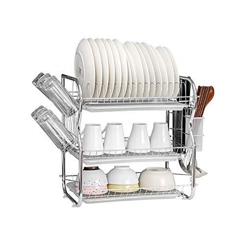 3 Tier Dish Drying Rack,3 Tier Dish Rack with Utensil Holder,Cutting Board Holder and Dish Drainer for Kitchen Counter Top,Dish Rack Stainless Steel, Large Dish Drainer, Plated Chrome Dish Dryer