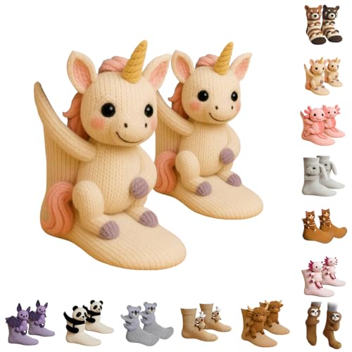 Generisch Animal Socks Tiersocken 3D Tieren Handmade Faultier Socken mit Tiermotiven Kuschelsocken Warme Umarmung Weihnachten Damen Herren Kinder Socken 39-42 Lustige Stricksocken (Einhorn)