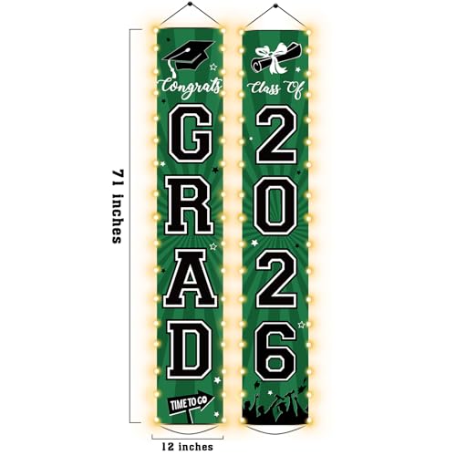 Image of 2026 Graduation Banners Lighted Decor Class of 2026 Congrats Grad Porch Sign Party Banners Supplies with LED Light Welcome Hanging Door Decorations for Indoor Outdoor(Green and Black)