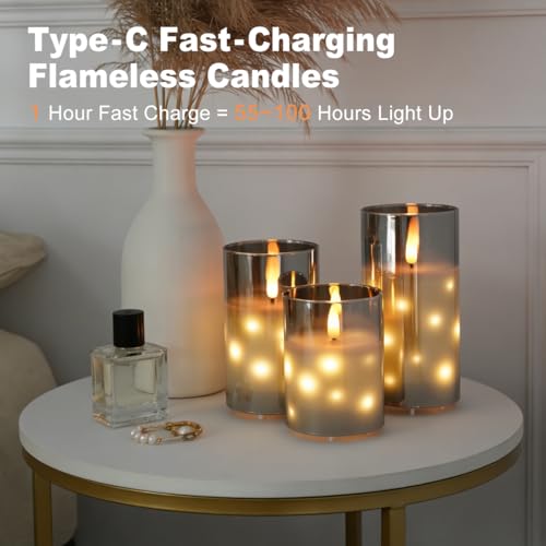 Image of LEDHOLYT Rechargeable Glass LED Flameless Candles, Embedded Star String Flickering Flameless Candles for Romantic Ambiance and Home Decoration with Remote & Timer(Gray)