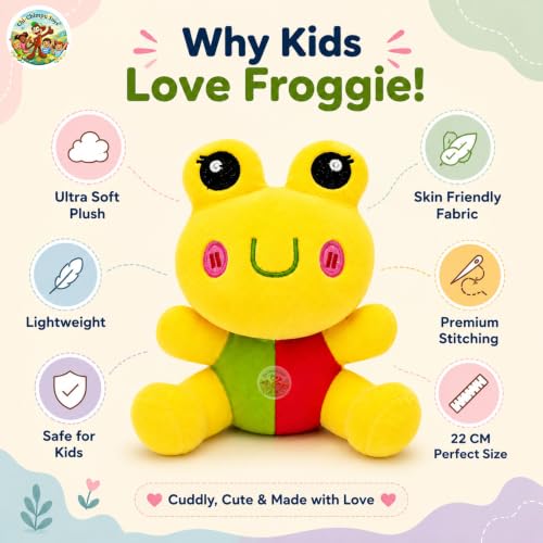 Image of Froggie Plush Soft Toy 22 CM for Kids | Ultra Soft Stuffed Frog Teddy | Cute Plush Animal Doll for Boys & Girls | Skin Friendly, Hugging Toy | Birthday Gift, Nursery Room Decor