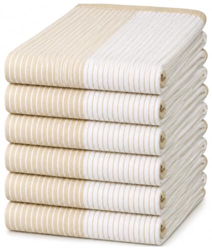 Image of Premium Kitchen Towels 100% Cotton 20 inchx28 inch 6-Pack - Tan | Large 238 GSM yarn dyed flat woven 100% cotton kitchen towel set for lightweight absorbent everyday drying