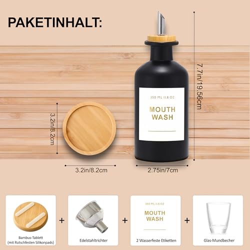 BIKALAN Glas Mundwasser Spender mit 304-Edelstahldüse und Bambus-Tablett, 350ml Mundspülung Spender mit Glas-Mundbecher und 2 Aufkleber, Mouthwash Dispenser mit Edelstahltrichter (Schwarz/350 * 1)