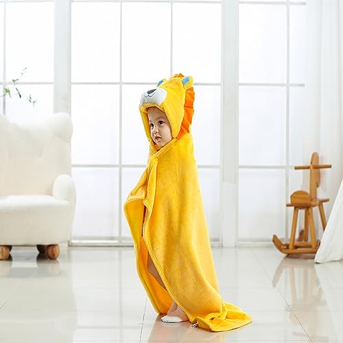 Image of TONWHAR 0-4 Years Toddlers' And Kids' Boys Girls Animal Face Hooded Blanket Baby's Bathrobe,Plush After Bath Blanket (Lion)