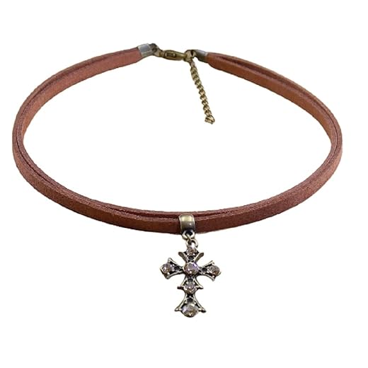 Gargantilha de couro dupla com cruz duas voltas bijuterias