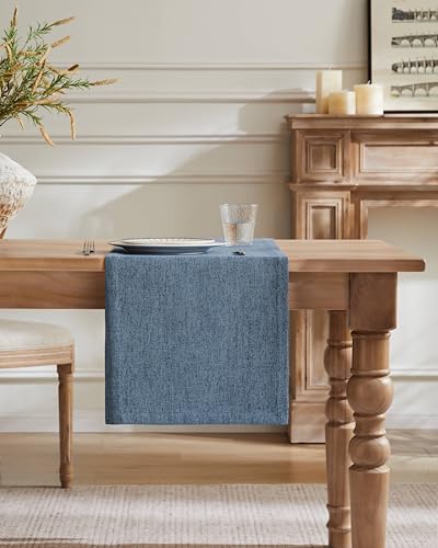 Image of ZeeMart Burlap Style Farmhouse Table Runners 90 Inches Long, Blue Rustic Woven Dining Table Runner for Everyday Use, 14x90 Inches, Blue