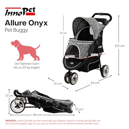 Hundebuggy Katzenbuggy für Reisen Innopet Allure Onyx -stilvoller Katzenbuggy 360° Schwenkrad vorne einhändig faltbar mit Aufbewahrungskorb 2 Sicherheitsleinen pannensichere Räder Haustierwagen