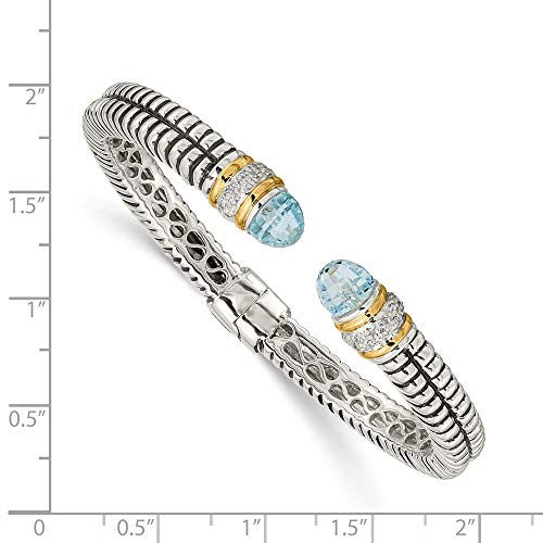 Solid 925 Sterling Silver With 14K Sky Blue Simulated Topaz & Diamond Cuff Bracelet (7Mm) #TOP1