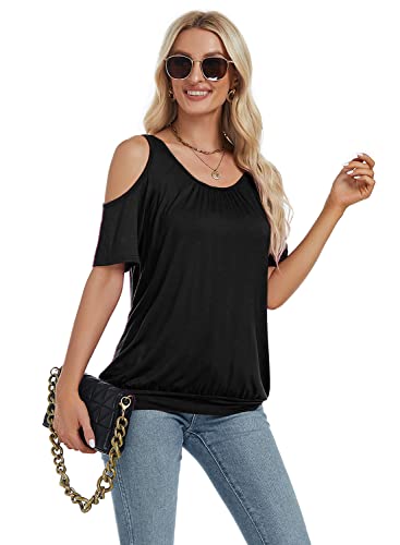 LEIYEE Womens Cold Shoulder Tops Summer Sexy Casual Short Sleeve Ruched Scoop Neck Banded Bottom Shirts Blouse2