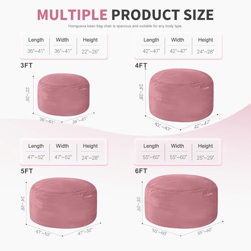 Homguava 4 FT Bean Bag Chair: 4' Bean Bags with Memory Foam Filled, Large Beanbag Chairs Soft Sofa with Dutch Velvet Cover-Dusty Pink