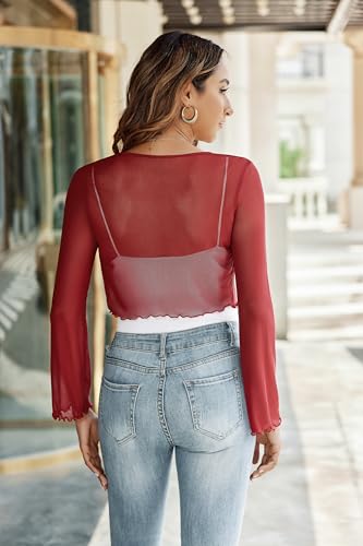 Image of Avidlove Womens Sheer Shrug Tie Front Long Bell Sleeve Mesh Bolero Lightweight Summer Casual Short Shawl Top