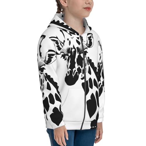 Medium Black and white giraffe Print Girls Athletic Zip Up Hoodies,Sweatshirts with Pockets Long Sleeve Hooded Jackets, for 7-18 Y3