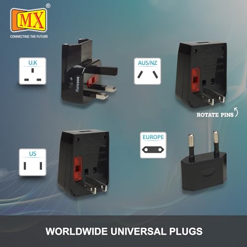 Image of MX Universal Travel Adapter with USB Port, International Power Plug with LED Indicator and Built-in Fuse, All in One Multi Country Adapter for US UK EU AU, Compact Travel Charging Solution