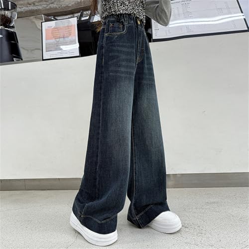 Girls Wide Leg Jeans Elastic Waist Straight Leg Baggy Trousers Fall 𝗩intage Streetwear Solid Denim Pants2