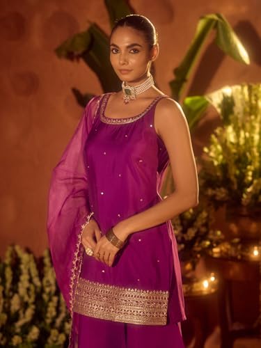 Image of FIORRA Women's Purple Viscose Chanderi Gotta Patti Work Ethnic Straight Kurta Set with Dupatta