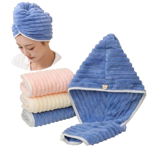 VAIYNWOM Juego de 3 toallas de microfibra para secar el cabello, turbante ondulado, súper absorbente, turbante retorcido, secado rápido, con botones, correa de baño para mujer y niños