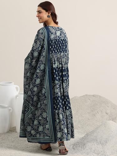 Image of Libas Printed Cotton A-Line Kurta With Churidar and Dupatta