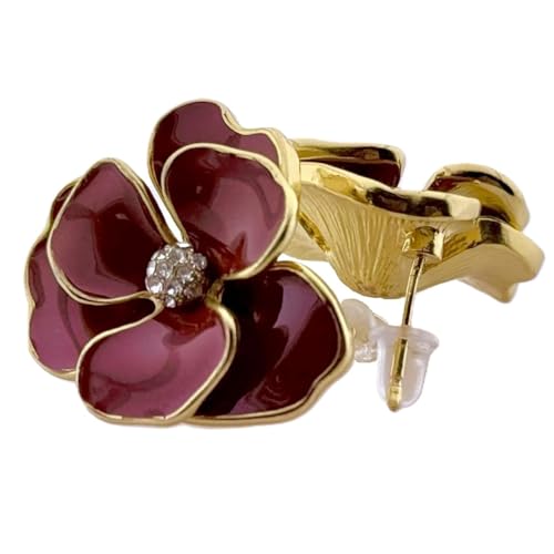 Colorful Enamel Small Flower Earrings.Elegant Floral Stud Earrings, Gold-Tone with Burgundy Enamel and Crystal Center,Gemstone Gold Earrings,Crystal Gem Drop Hypoallergenic Earrings.Thanksgiving gifts for family members