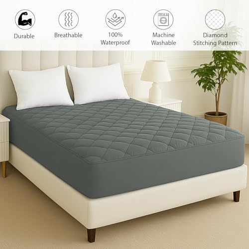 Image of Homestan Quilted 100% Waterproof Microfiber Mattress Protector Queen Size, Soft Bed Cover for Ultimate Comfort (78x66 inches, Grey)