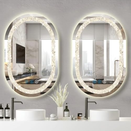 Image of Alfa Design Diamond Wall Mounted LED Mirror | Touch Sensor 3 Light Modes (Warm, Natural & Cool White) | for Bathroom Vanity Mirror, Washbasin, Farmhouse & Bedroom Capsule Crystal LED 28 x 18 inch