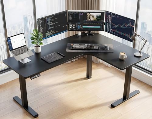 Image of HUANUO 63″ L-Shaped Standing Desk, Built-in Power Outlets, Electric Height Adjustable Corner Computer Desk, Large Power Strip Holder, Sit Stand Up Desk with 3 Preset Heights, Black