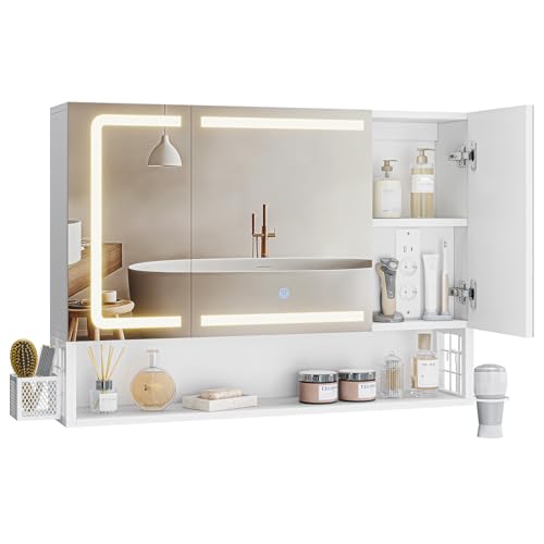 FORABAMB Armoire Murale Salle de Bain avec Éclairage LED et Prises, Armoire de Toilette Miroir avec et Étagère Réglable, Température de Couleur Réglable,...