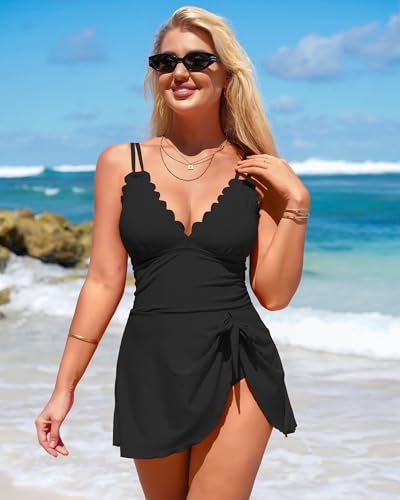 Charmo One Piece Swimdress Swimsuits for Women Scalloped Tummy Control Swim Dress Tie Knot Skirt Bathing Suit4