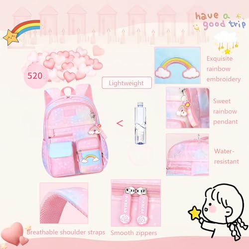 Heart Star Print Purple Girls Backpack for Elementary School Kids Bookbag with Chest Buckle Rainbow Backpack with Multi-Pockets4