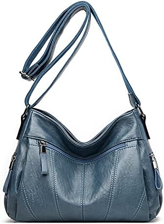 Womens Leather Crossbody Bags Multi Pocket Soft Ladies Leather Shoulder Handbag Lightweight with Adjustable Shoulder Strap