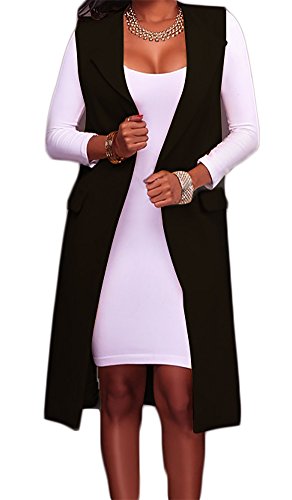 Hestenve Women's Solid Lapel Long Suit Waistcoat Vest Trench Coat Sheath Cardigan Jacket Black Small