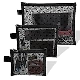 Classicseali 3pcs Mesh Makeup Bag,3 Sizes of Heart Mesh Cosmetic Bags with Zipper, Print Pouches for Purse, Purse Bags for Organization, Black Nylon Meshes Cosmetic Bag for Travel and Home Storage