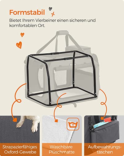 Feandrea Hundebox faltbar, Transportbox Hund, M, Hundetasche, Oxford-Gewebe, Netzstoff, atmungsaktiv tragbar transportabel, Metallrahmen, mit Griffen, Taschen, 60 x 42 x 42 cm, grau PDC60GY