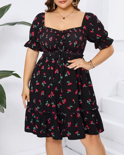 Image of Pinup Fashion Plus Size Summer Dresses-2026 Casual Puff Sleeve Sweetheart Neckline Smocked Short Babydoll Dress